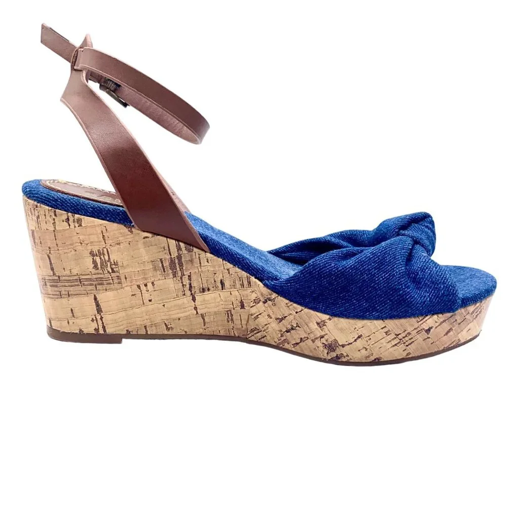 MIA Blue Denim Knot Espadrille Wedge Sandals Cork Size 8.5 Open Toe